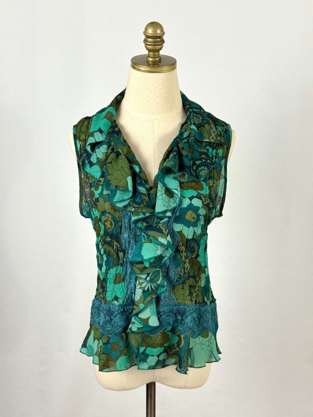 Vtg Y2K Allison Taylor Teal Floral Ruffle Sleeveless Top Lace Trim Forest Fairy